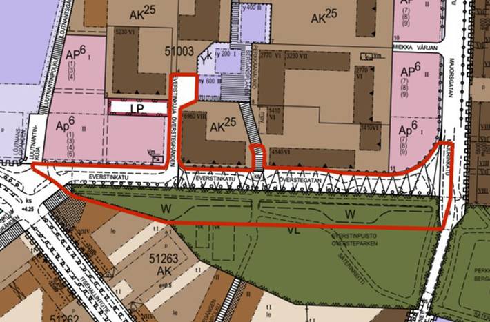 Asemakaavaotteeseen on merkitty suunnittelualue punaisella viivalla.