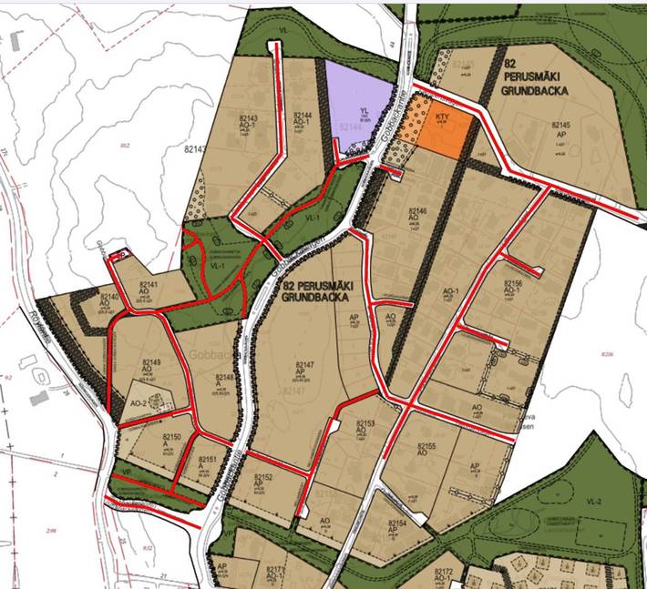 Kuvassa on esitetty Gobbackan suunniteltavat kadut kaavakartalla.