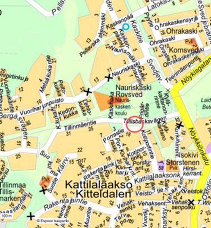 Opaskarttaan on merkitty suunnittelualue punaisella ympyrällä.