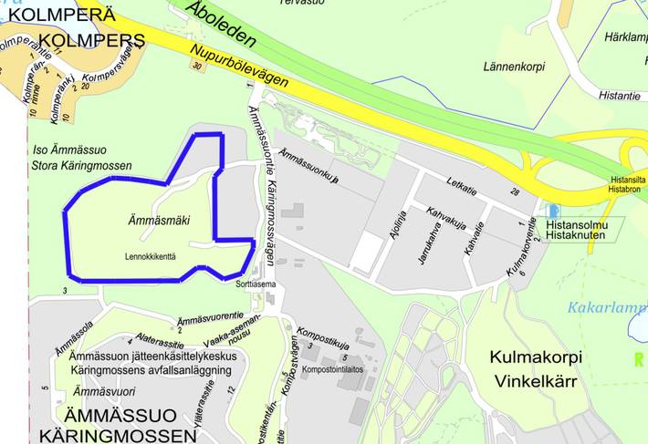 Opaskarttapohjaan on merkitty suunnittelualue sinisellä viivalla.