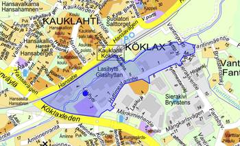 Opaskarttapohjaan on merkitty suunnittelualue sinisellä rajauksella sekä tapaamispaikka sinisellä ympyrällä.