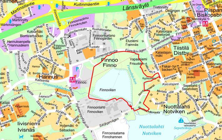 Opaskarttaan on merkitty suunnittelualue punaisella rajauksella.