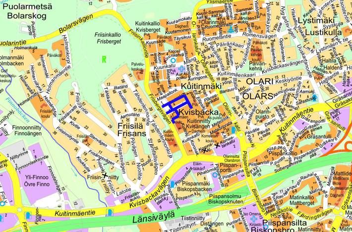 Opaskarttaan on merkitty suunniteltavat kadut sinisellä viivalla.