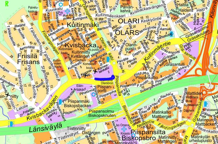 Opaskarttaan on merkitty suunnittelualue sinisellä viivalla.