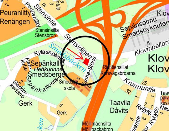 Suunnittelukohde on merkitty karttaa punaisella aluerajauksella.