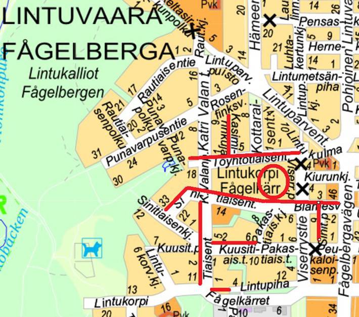 Opaskarttaan on merkitty punaisella viivalla suunniteltavat alueet.
