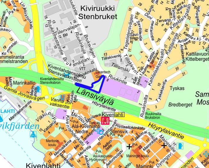 Opaskarttaan on merkitty suunniteltava alue sinisellä rajauksella.