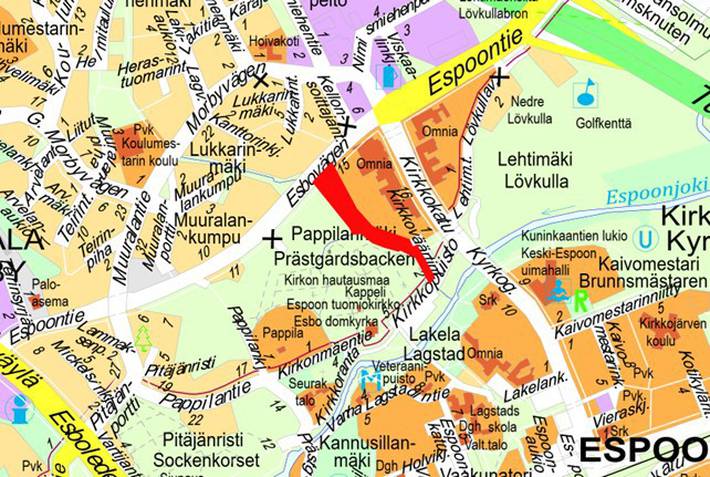Suunnittelualue on merkitty karttaan punaisella rajauksella.