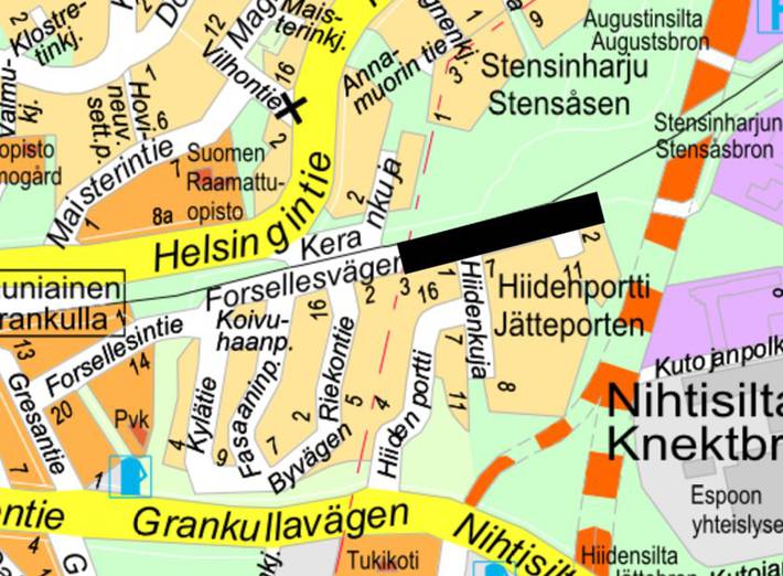 Opaskarttaan on merkitty suunnittelualue mustalla viivalla.