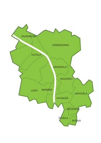 Karttakuva jätelautakunnan toimialueen kolmestatoista kunnasta