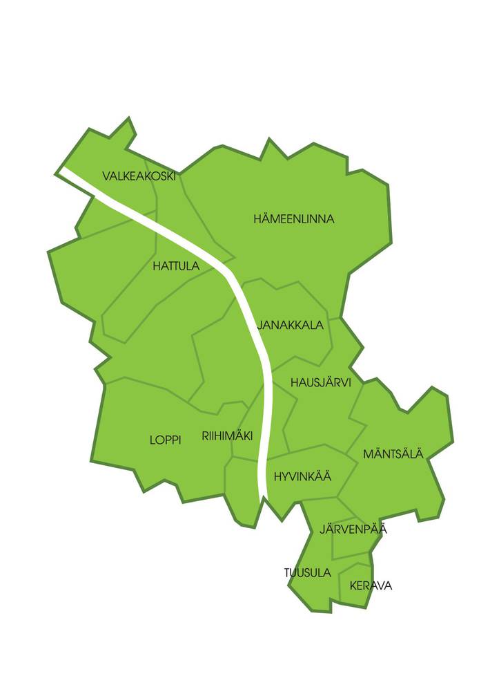 Karttakuva jätelautakunnan toimialueen kolmestatoista kunnasta