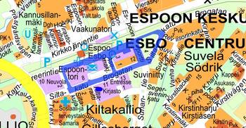 Opaskarttaan on merkitty suunnittelualue sinisellä varjostuksella sekä tapaamispaikka sinisellä ellipsillä.