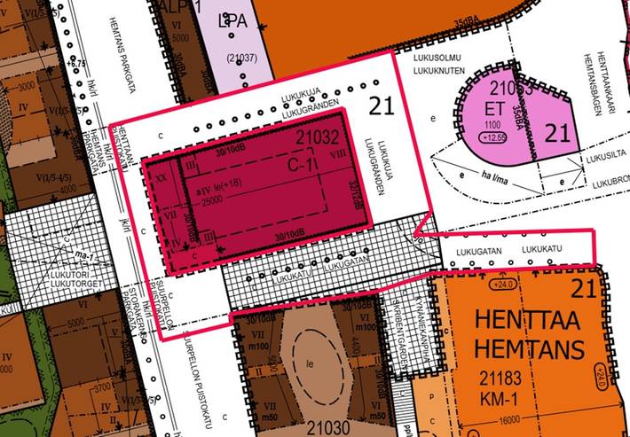 Kaavakarttaan on merkitty suunnittelualue rajauksella.