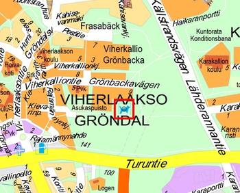 Opaskarttaan on merkitty koira-aitaus punaisella viivalla.