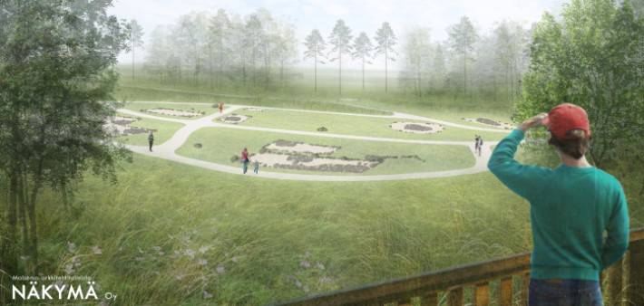 Havainnekuva näköalatasanteelta alas arkeologisen puistoon jossa talojen paikat näkyy kiviraunioina