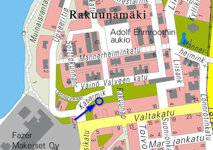 Yhteisöpuutarhan suunniteltu sijainti Rakuunamäellä