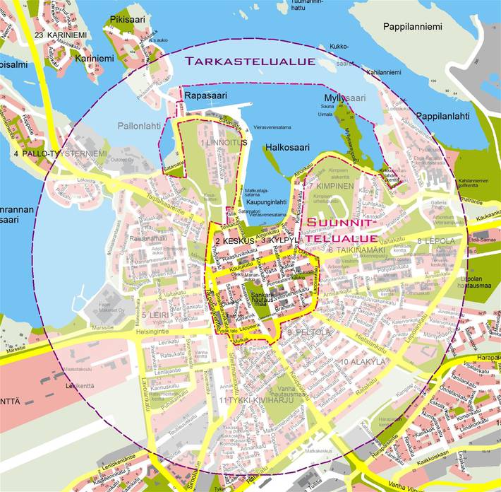 Lappeenrannan keskustan kehittämissuunnitelma kattaa keskustan alueen lisäksi ranta-alueet Pallonlahdesta Myllysaareen.