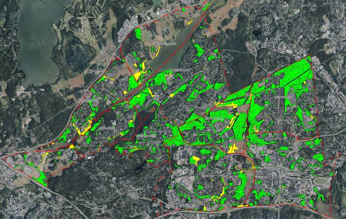 Itä-Espoon suunnittelualueeseen kuuluvat Vanhakartano, Järvenperä, Lippajärvi, Karvasmäki, Laaksolahti, Viherlaakso, Karakallio, Lintuvaara, Kilo ja Leppävaara. Kuvaan on rajattu kaupungin hallinnoimat alueen metsät ja niityt, yhteensä noin 850 hehtaaria.