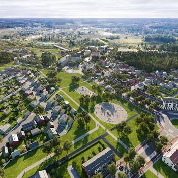 Viistosti ilmasta nähty havainnekuva kaavasuunnitelmasta. Keskellä puisto, sivuilla asuinrakennuksia.