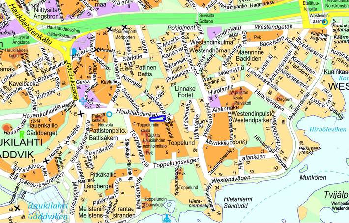 Opaskarttaotteeseen on merkitty suunnittelualue sinisellä viivalla