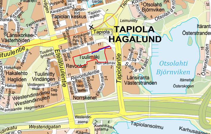 Tuulimäen alue on rajattu opaskarttaan punaisella viivalla.