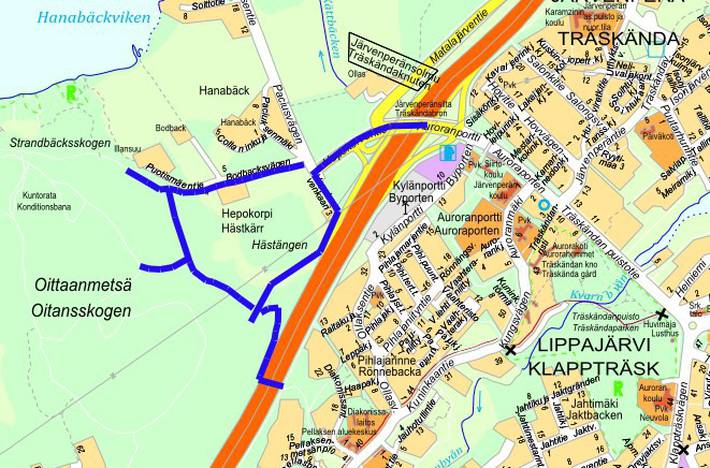 Opaskarttaotteeseen on merkitty suunniteltavat reitit ja kadut sinisellä viivalla.