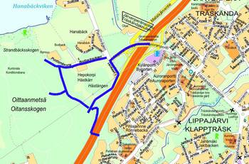 Opaskarttaotteeseen on merkitty suunniteltavat reitit ja kadut sinisellä viivalla.