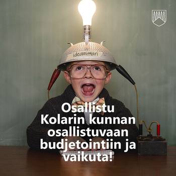 Kuvassa poika päässään kypärä, joka valmistettu sihvilästä. Kypärässä kiinni hehkulamppu, jossa valo. Kypärässä teksti ideamittari.
