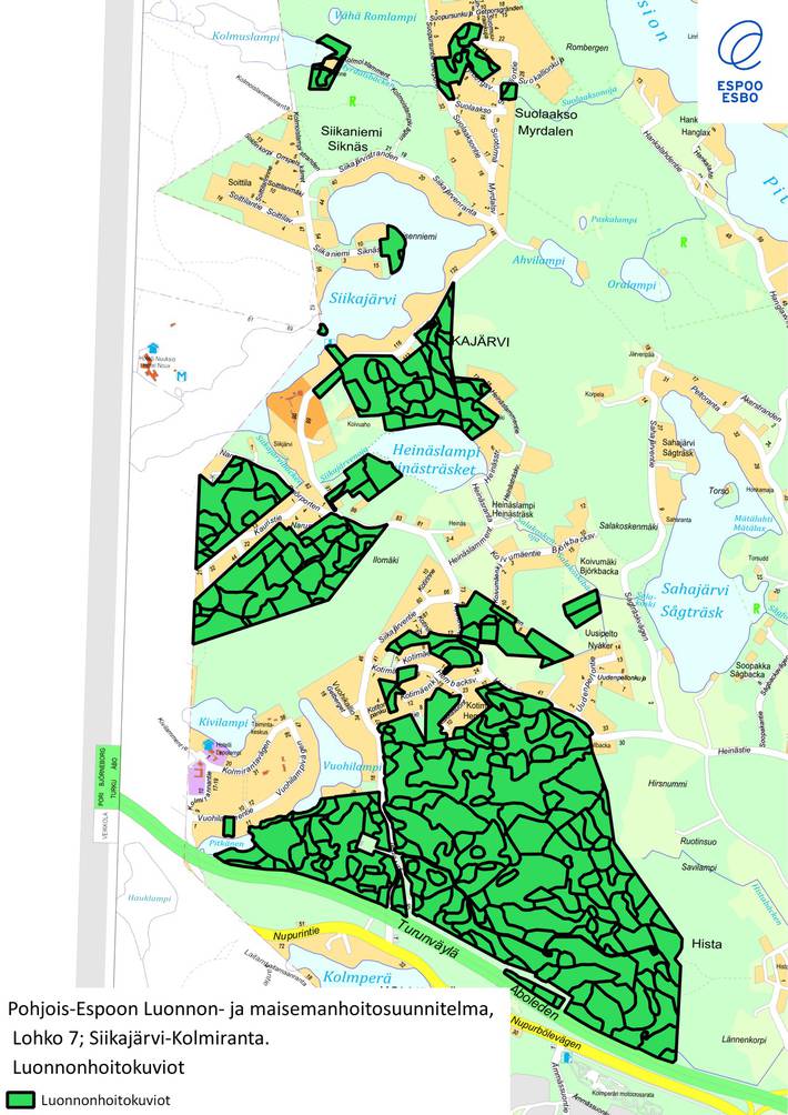 Suunnittelualueen luonnonhoitokuvioiden rajaus.